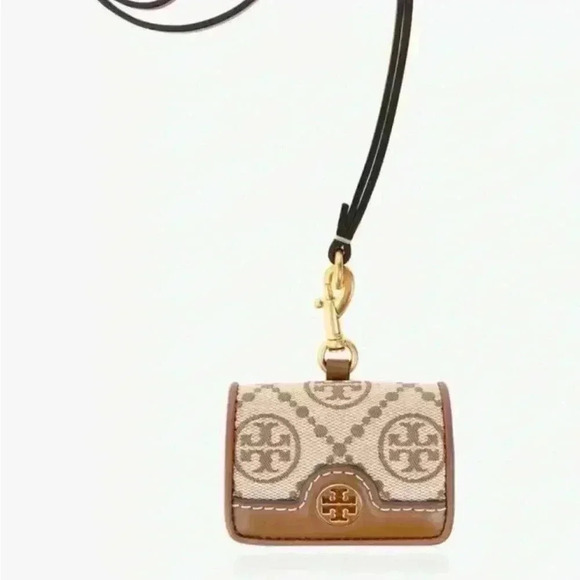 NWT Tory Burch T Monogram Jacquard Neck Strap Hazelnut Apple AirPods Case 84147 - Picture 2 of 5